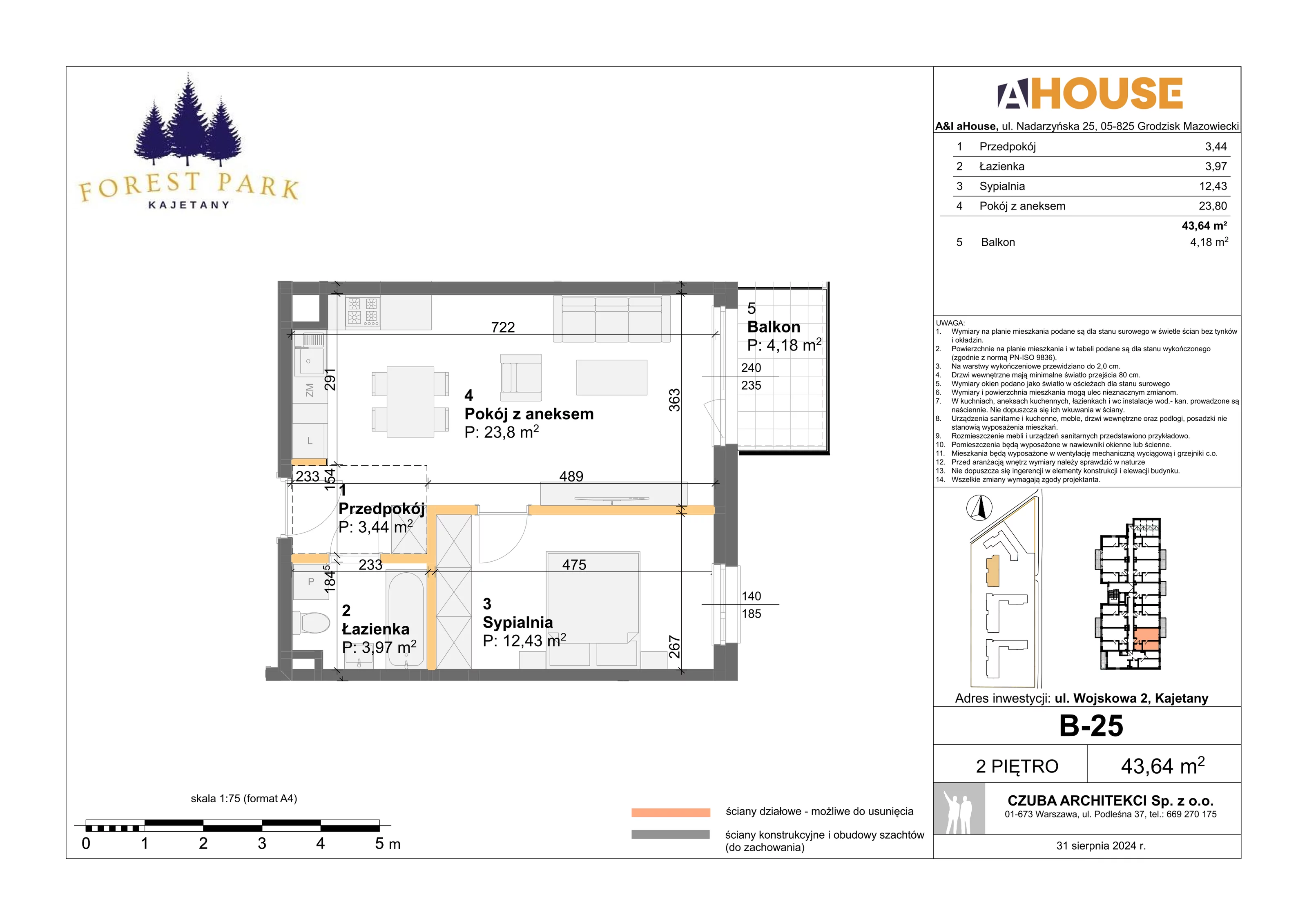 2 pokoje, mieszkanie 43,64 m², piętro 2, oferta nr B-25, Forest Park Kajetany, Kajetany, ul. Wojskowa 2
